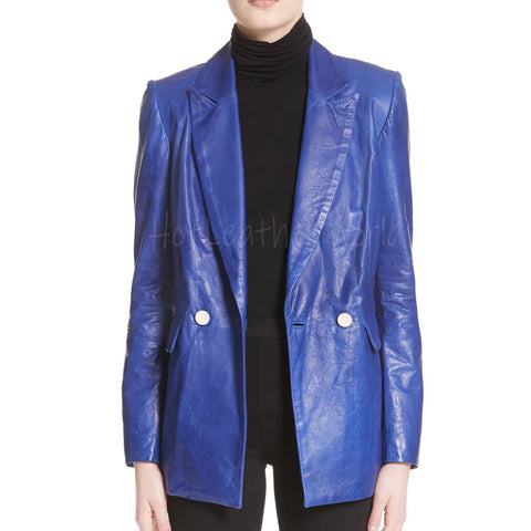 Stylish Peak-Lapel Women Leather Blazer -  HOTLEATHERWORLD