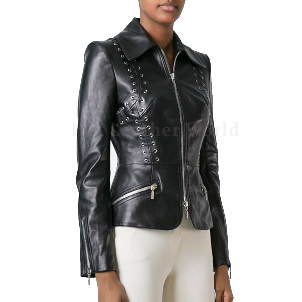 Lace Detailed Women Biker Leather Jacket – HOTLEATHERWORLD