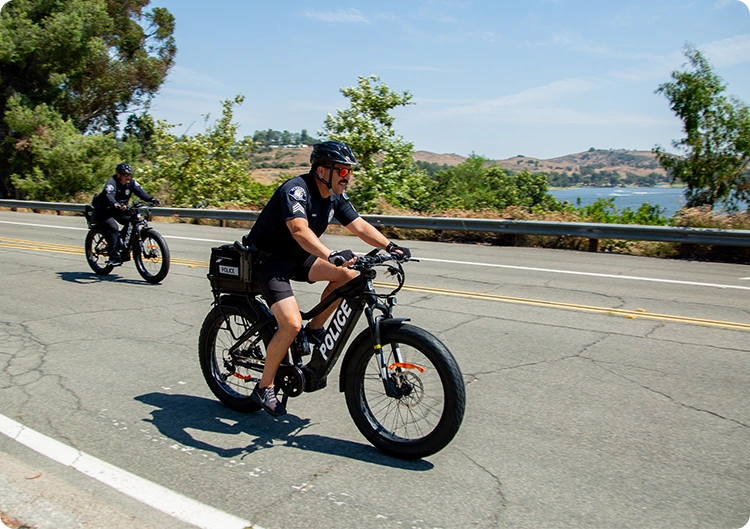 Alhambra Police officers riding the ATR 528 eBike by a public park during an eBike Patrol Training Course