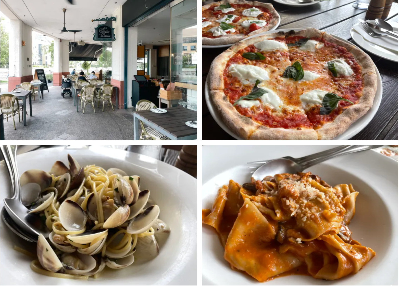 Food and outdoor seating at Belle Pasta