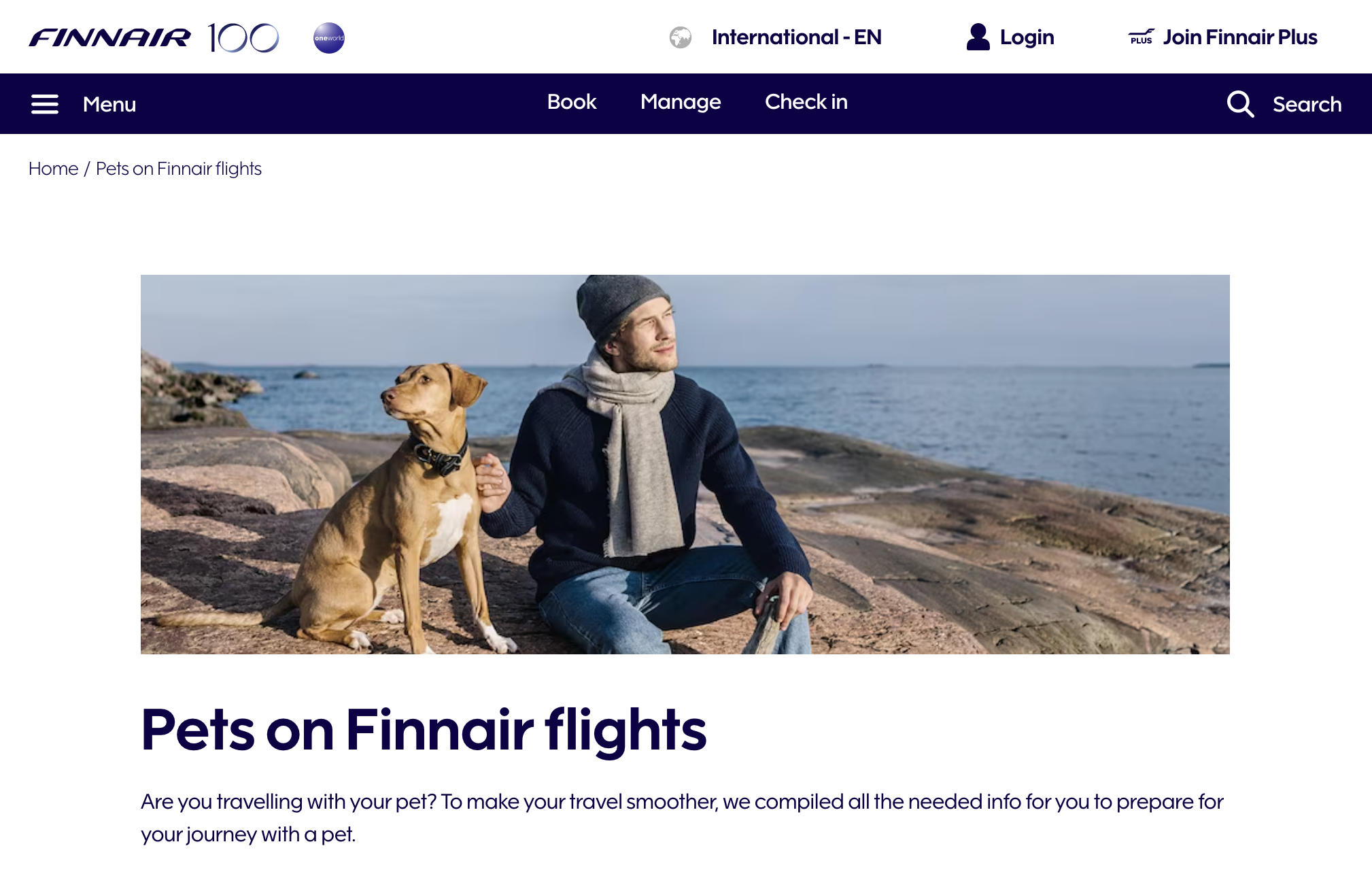 Website screenshot of pet travel with Finnair