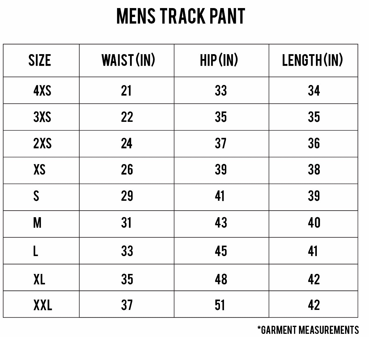 Track Pant Medium Size Chart