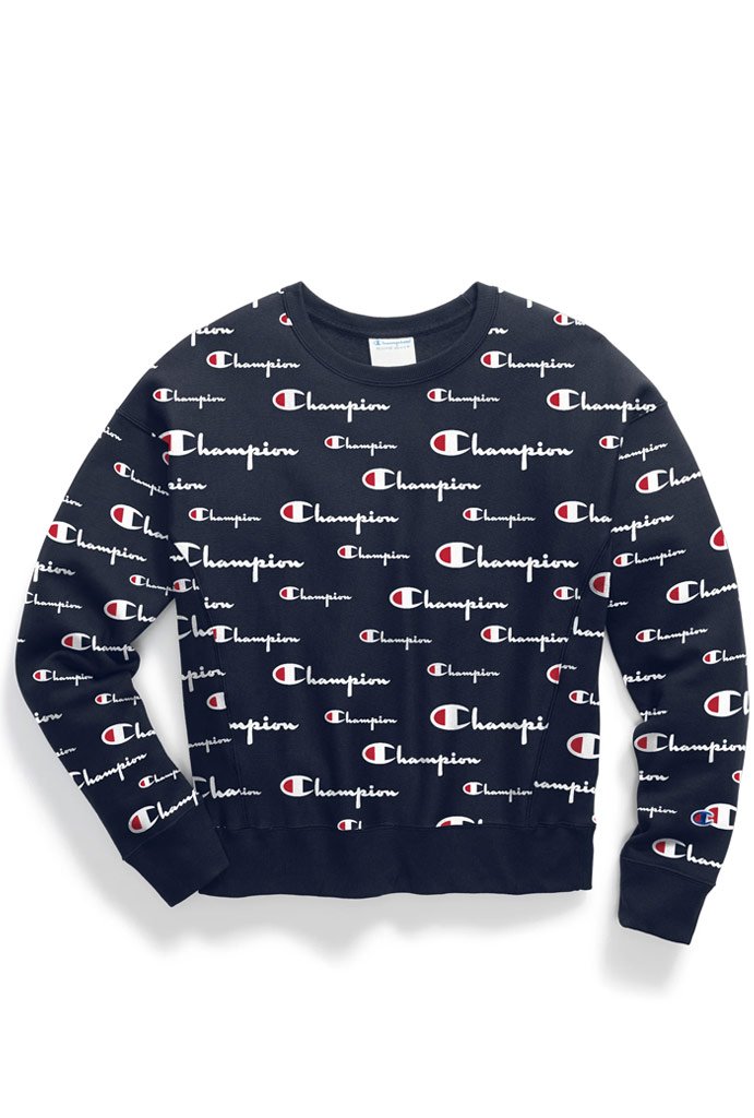 champion reverse weave all over print blue crew neck sweatshirt