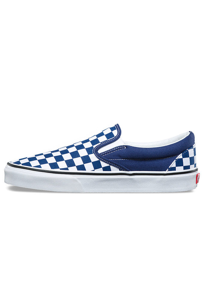 blue checkerboard slip ons