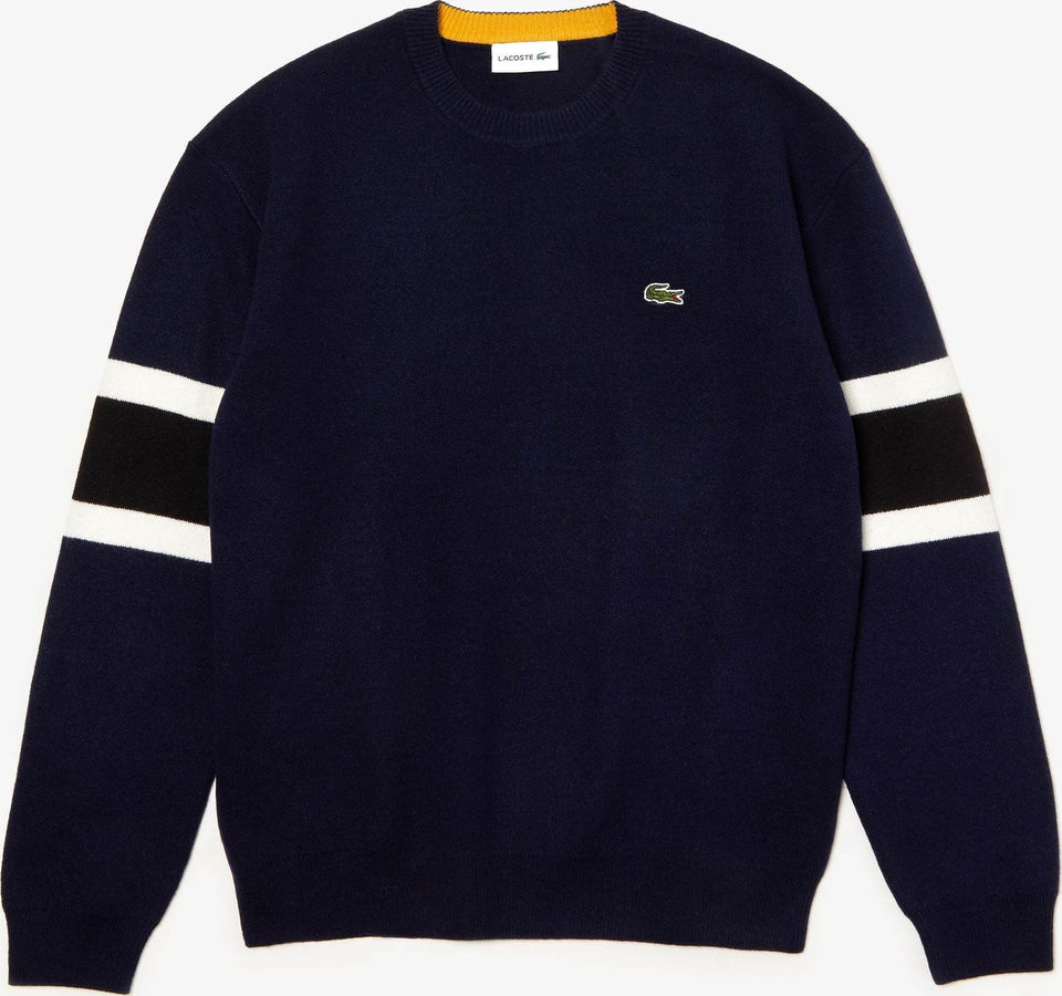 Lacoste Crew Neck Contrast Bands Heathered Jacquard Sweater - Men's ...