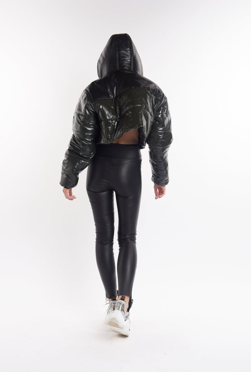 faux patent leather puffer jacket