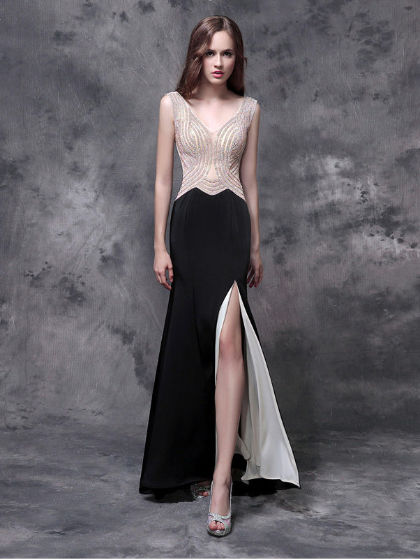 Chic Sheath/Column Chiffon V-neck Black Beading Long Prom Dress Evening Dress AM216