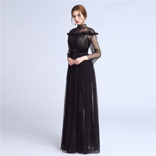 high neck black evening gown