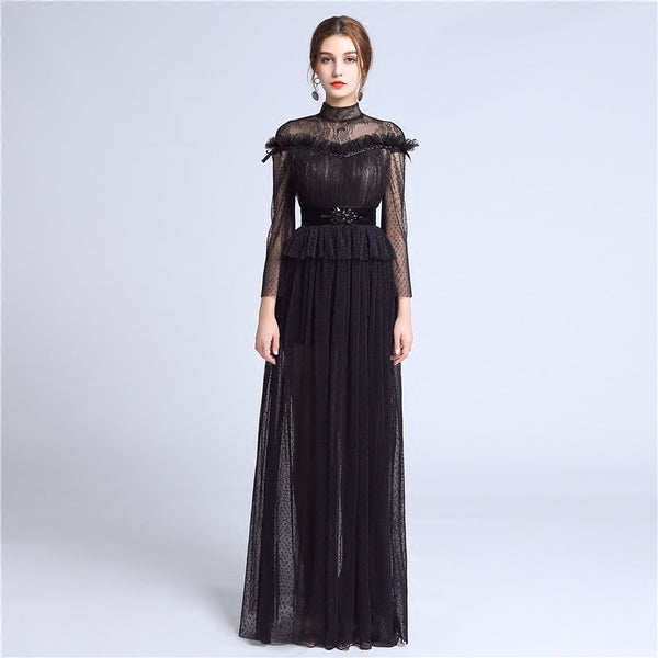 black lace sleeve prom dress