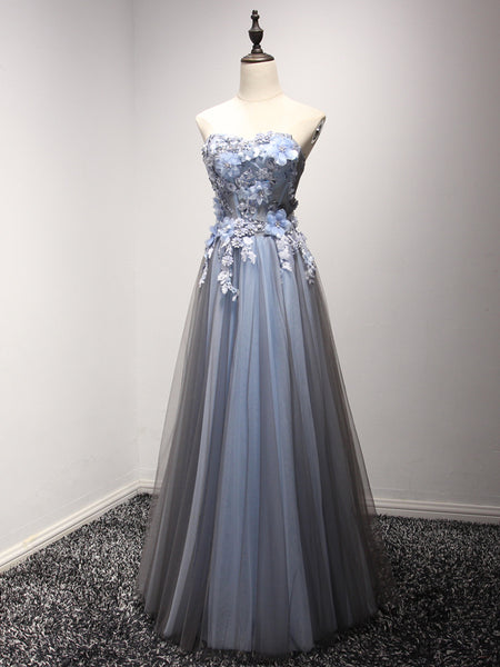 blue a line prom dress