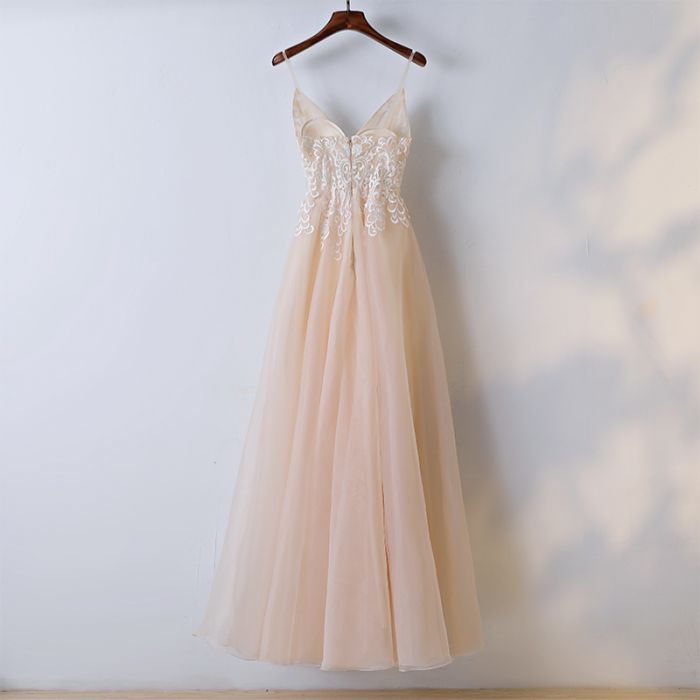 Modest A Line Spaghetti Straps Floor Length Tulle Applique Prom Dress Amyprom 1459