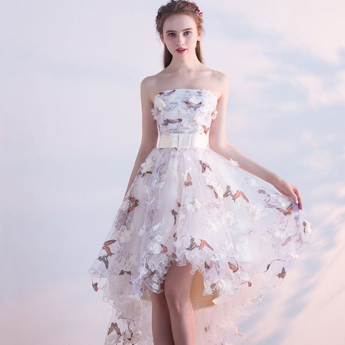 Chic A Line Strapless Tulle Applique Asymmetrical Prom