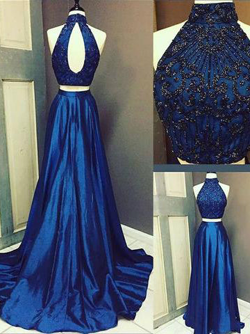 blue high neck prom dress