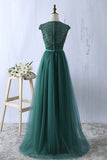 A-line Scoop Dark Green Long Prom Dress Modest Tulle Chic Evening Dress AM704