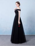 Chic A-line Off-the-shoulder Blue Tulle Beading Modest Long Prom Dress Evening Dress AM783