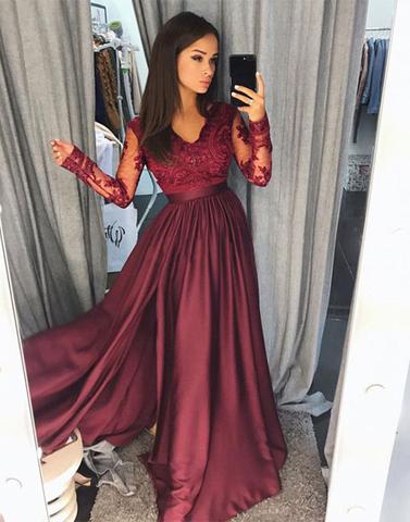 long sleeve maroon prom dress