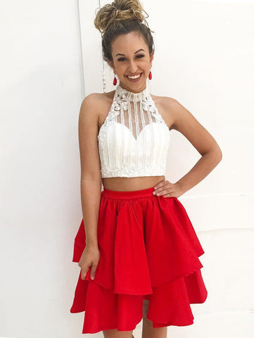 red and white 2 piece prom dress