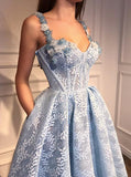 A-line Straps Blue Prom Dress Floor Length With Lace Prom Dresses Evening Dress AMY1810