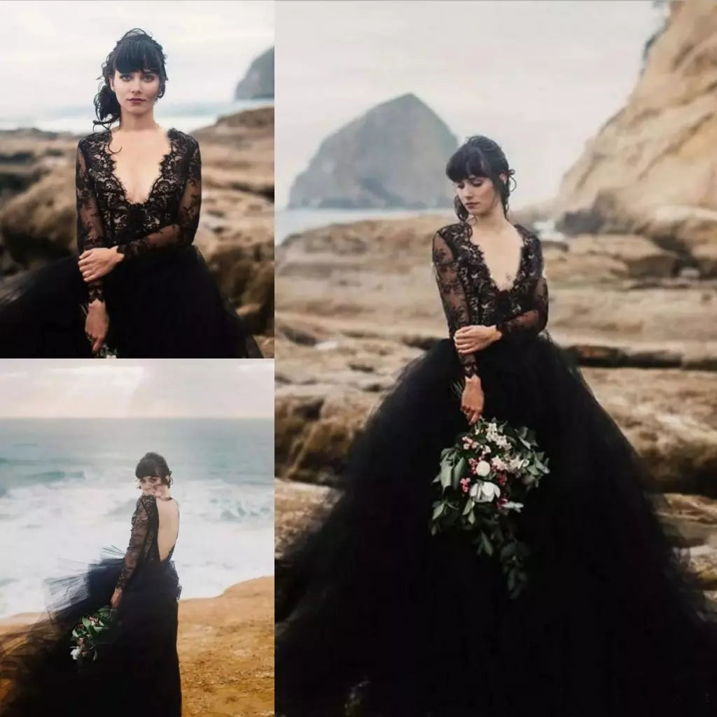 Long Sleeve Black Lace Wedding Gown