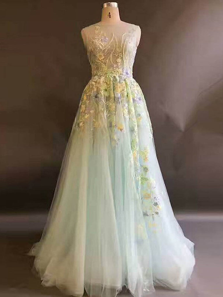 Chic A-line Scoop Prom Dress With Floral Sleeveless Prom Dresses Long ...