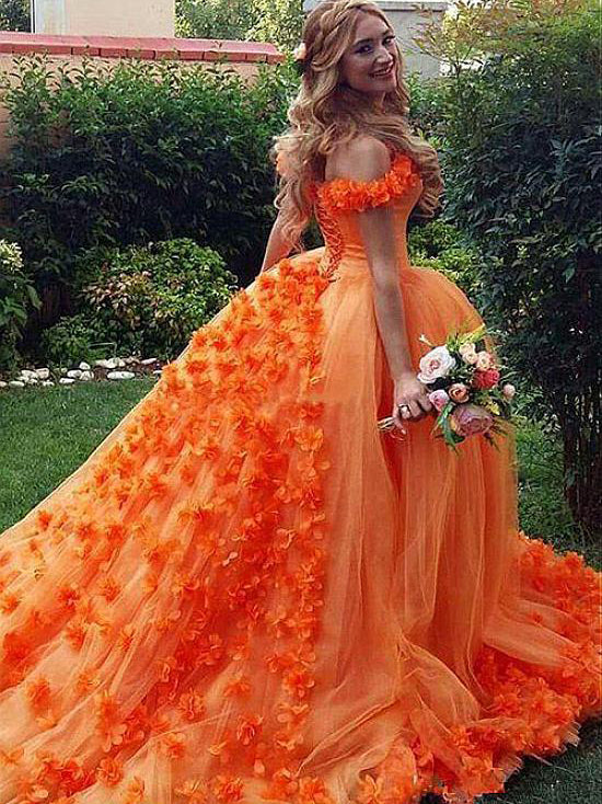 Chic A line Off the Shoulder Orange  Prom  Dresses  Tulle 