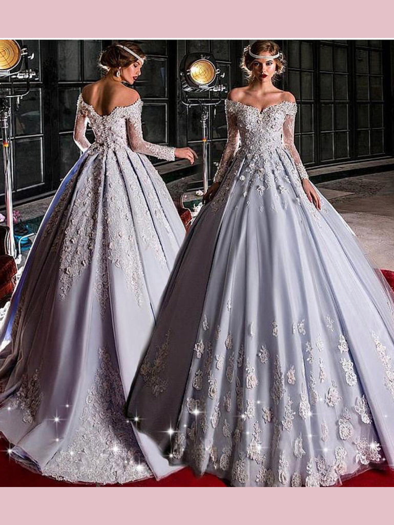 Chic Off The Shoulder Silver Prom Dresses Tulle Applique Long Evening