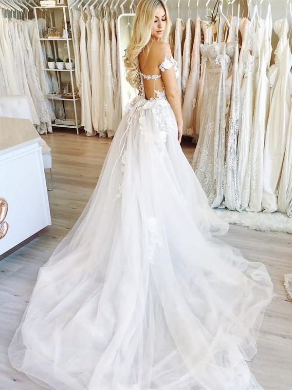 White Off-the-Shoulder See Through Chiffon Wedding Gowns Cap Sleeve La