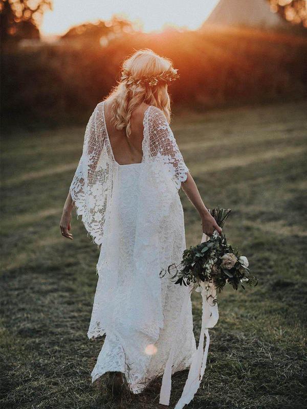 Backless Batwing Sleeve Boho Wedding Dresses Mermaid