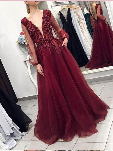 burgundy v neck prom dress