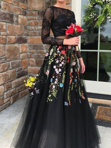 Two Pieces Black Prom Dresses With Lace Floral Long Sleeve Evening Gowns Amy2632