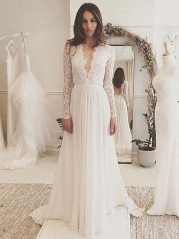 Two Pieces Deep V neck Boho Wedding Dress With Long Sleeve Rustic ...