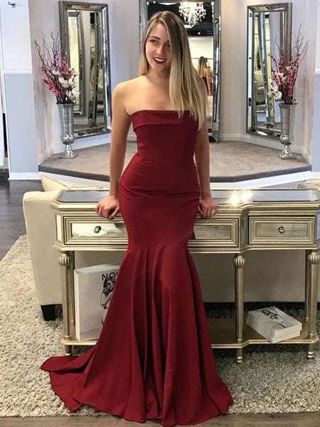 strapless maroon prom dress