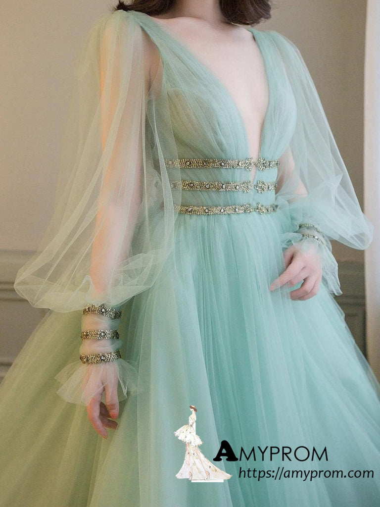 Onwijs Chic A-line V neck Long Sleeve Prom Dresses Mint Green Beautiful ET-31