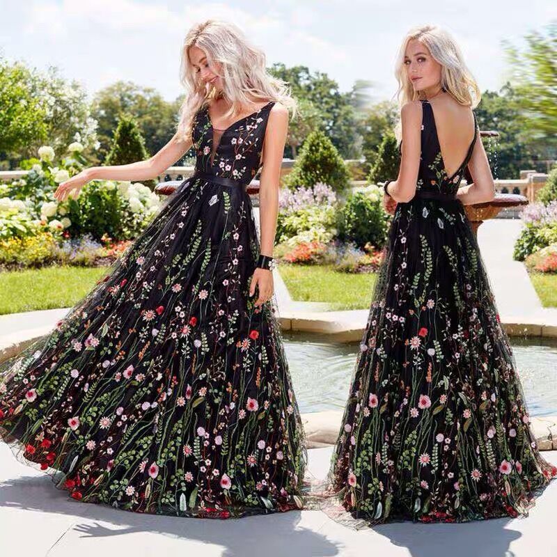 black with flowers prom dress