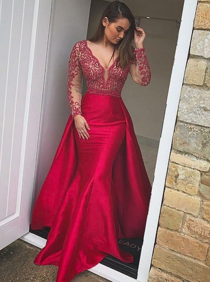 2018 Mermaid Long Prom Dresses Red Long Sleeve Beading Prom Dress Even Amyprom