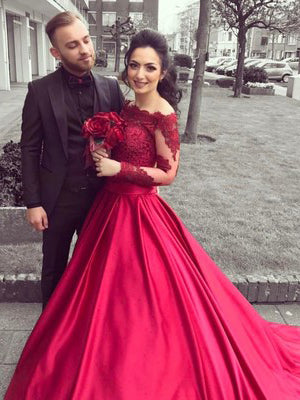 red off the shoulder long sleeve prom dress