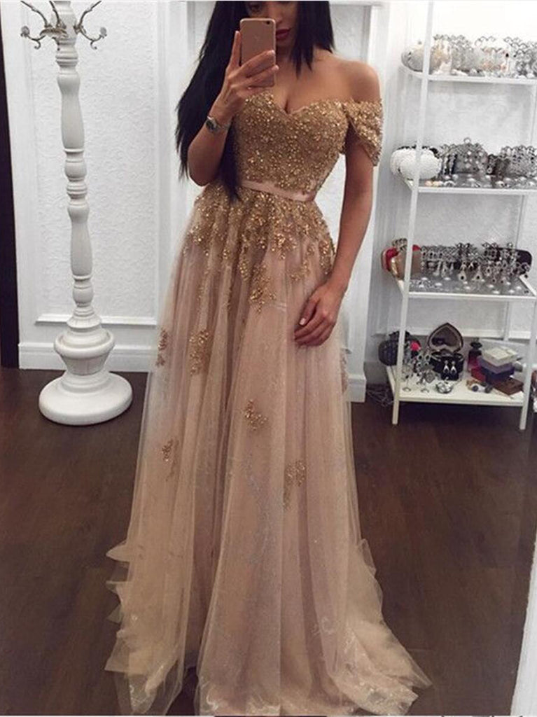 2018 A Line Prom Dresses Off The Shoulder Elegant Long Prom Dress