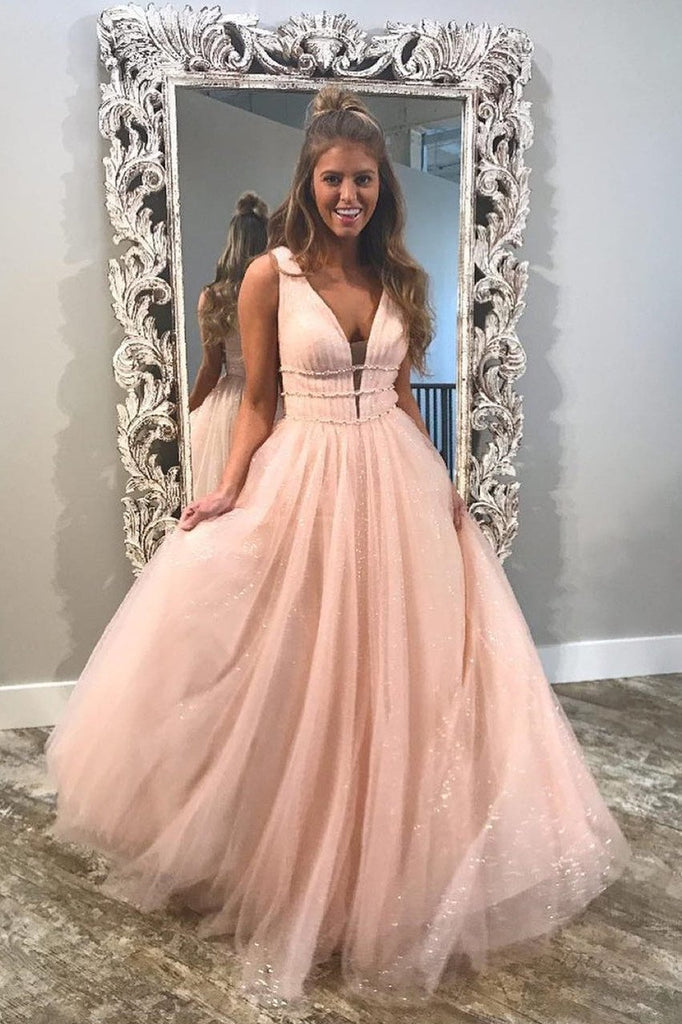 Sparkly Prom Dresses A-line Pink Cheap Rhinestone Long Prom Dress|Amyprom –  AmyProm
