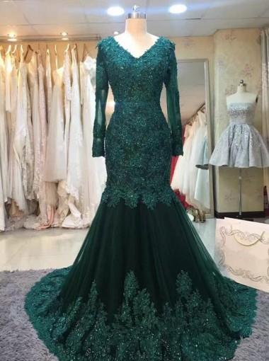 green long sleeve evening dress