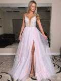 Chic A-line Pink Spaghetti Straps Beading Prom Dress Sparkly Tulle Evening Dress With Split PRO149