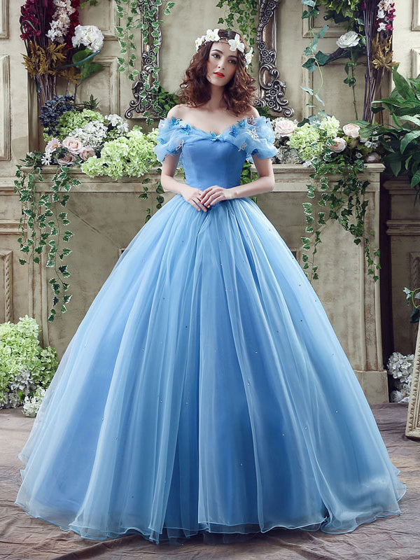 A Line Ball Gown Off The Shoulder Tulle Blue Prom Dress Evening Drsess 