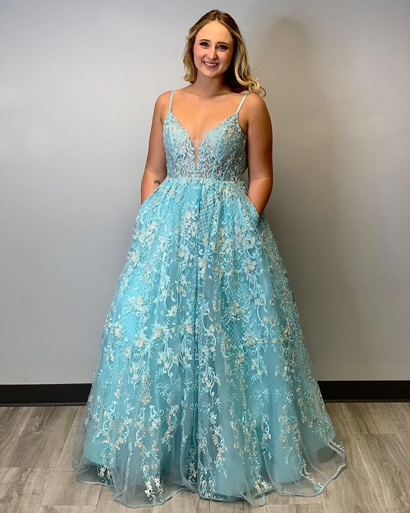 A-line Spaghetti Straps Blue Prom Dress Modest Lace Long Evening Dress ...