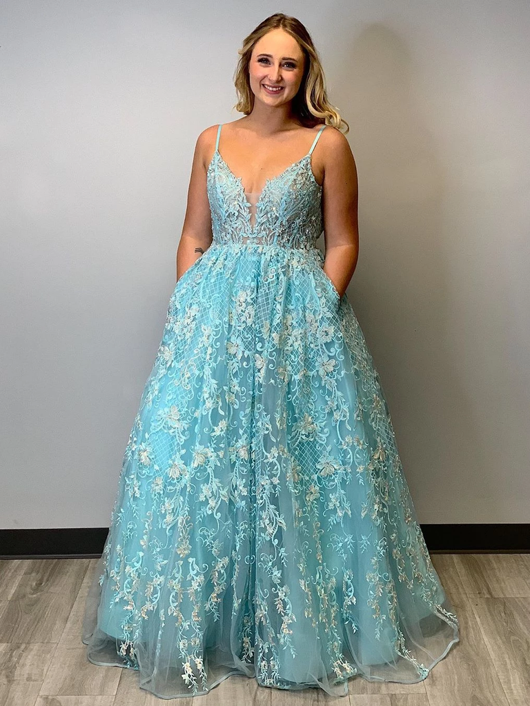 A-line Spaghetti Straps Blue Prom Dress Modest Lace Long Evening Dress ...