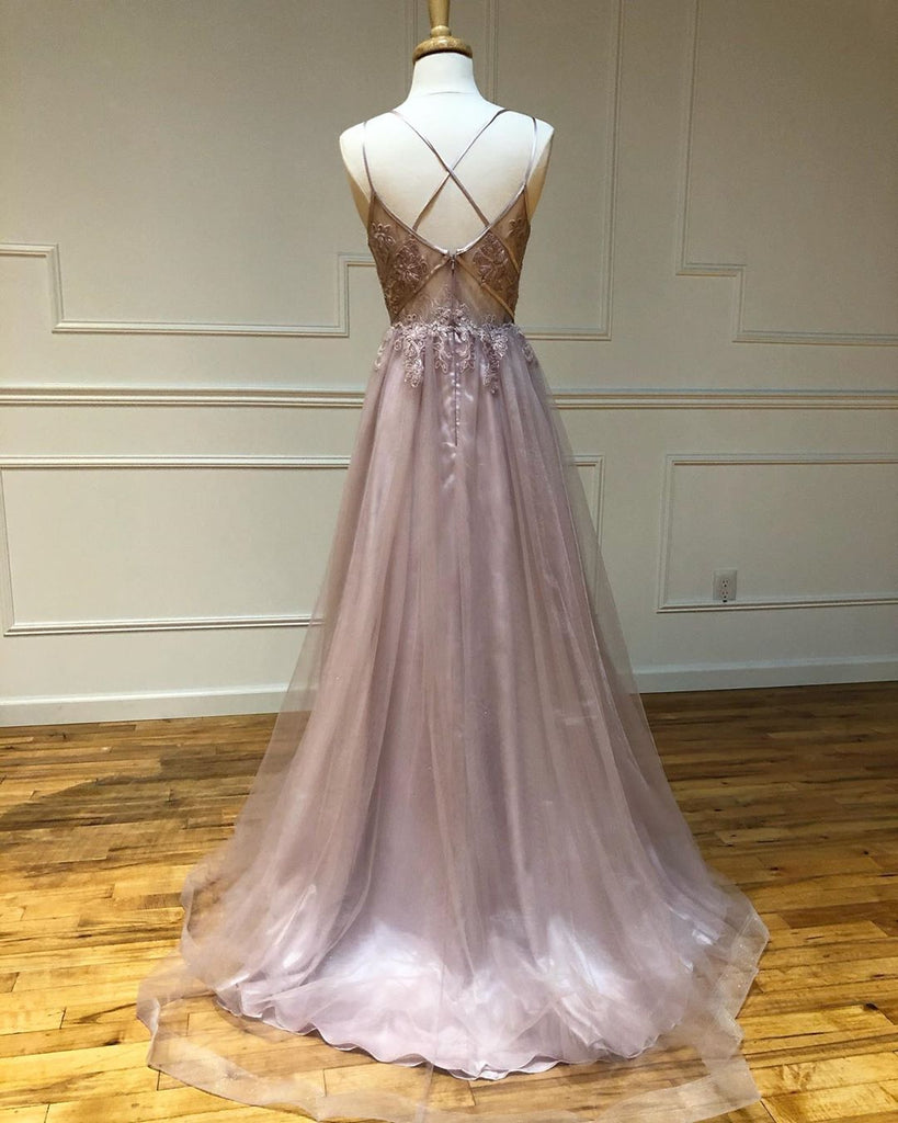 A-line V neck Dusty Pink Lace Long Prom Dresses Tulle Evening Dress WE ...