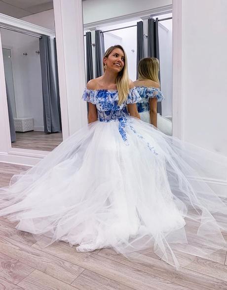 white off the shoulder prom dress