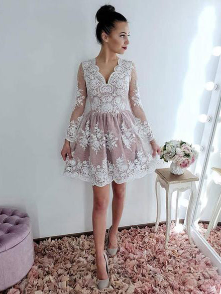 long sleeve lace short prom dress