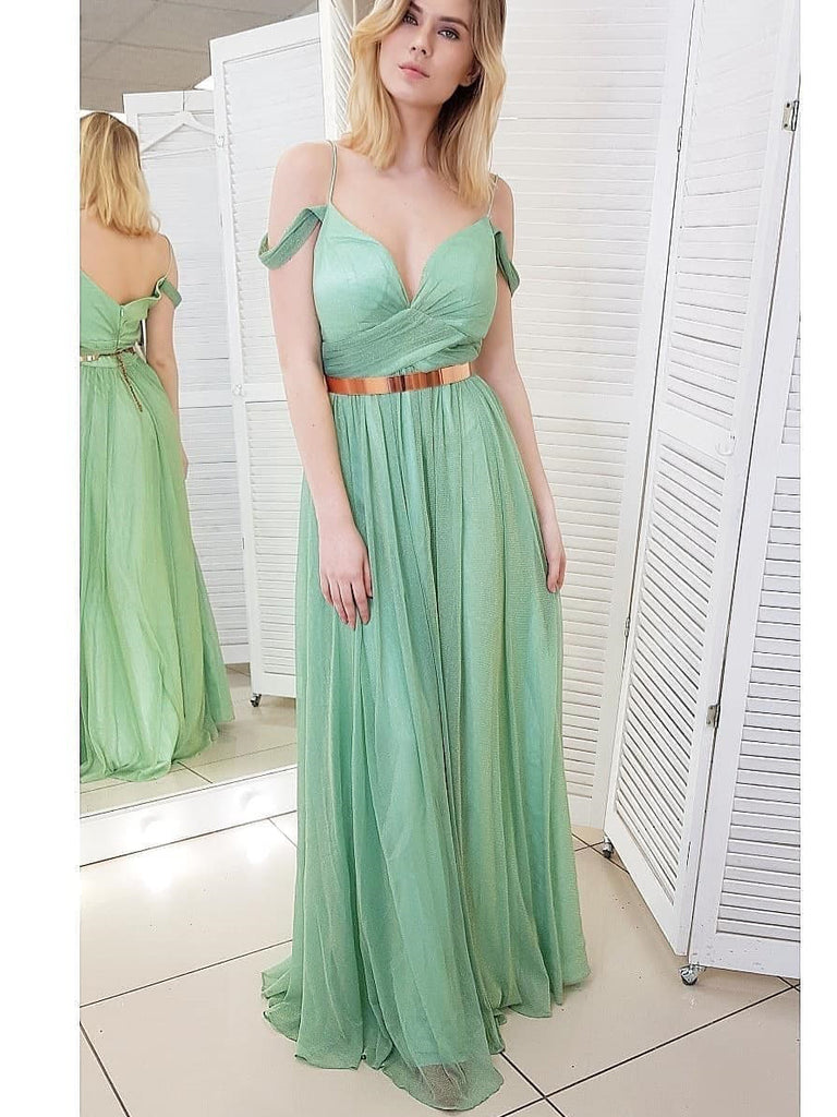 Chic A-line Spaghetti Strap Long Prom Dresses Mint Green Evening ...
