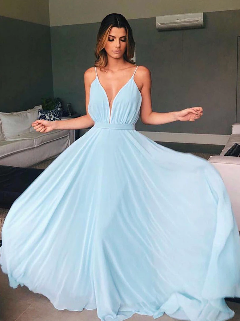 A-line Spaghetti Straps Light Sky Blue Long Prom Dresses WHK181 – AmyProm