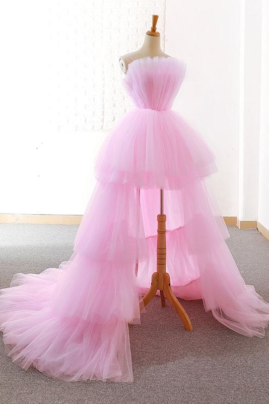 A Line Pink High Low Prom Dress Tulle Cheap Formal Dresses Evening