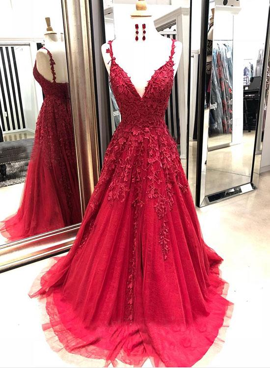 Chic A line Prom  Dress  Spaghetti Straps Applique Red  Prom  